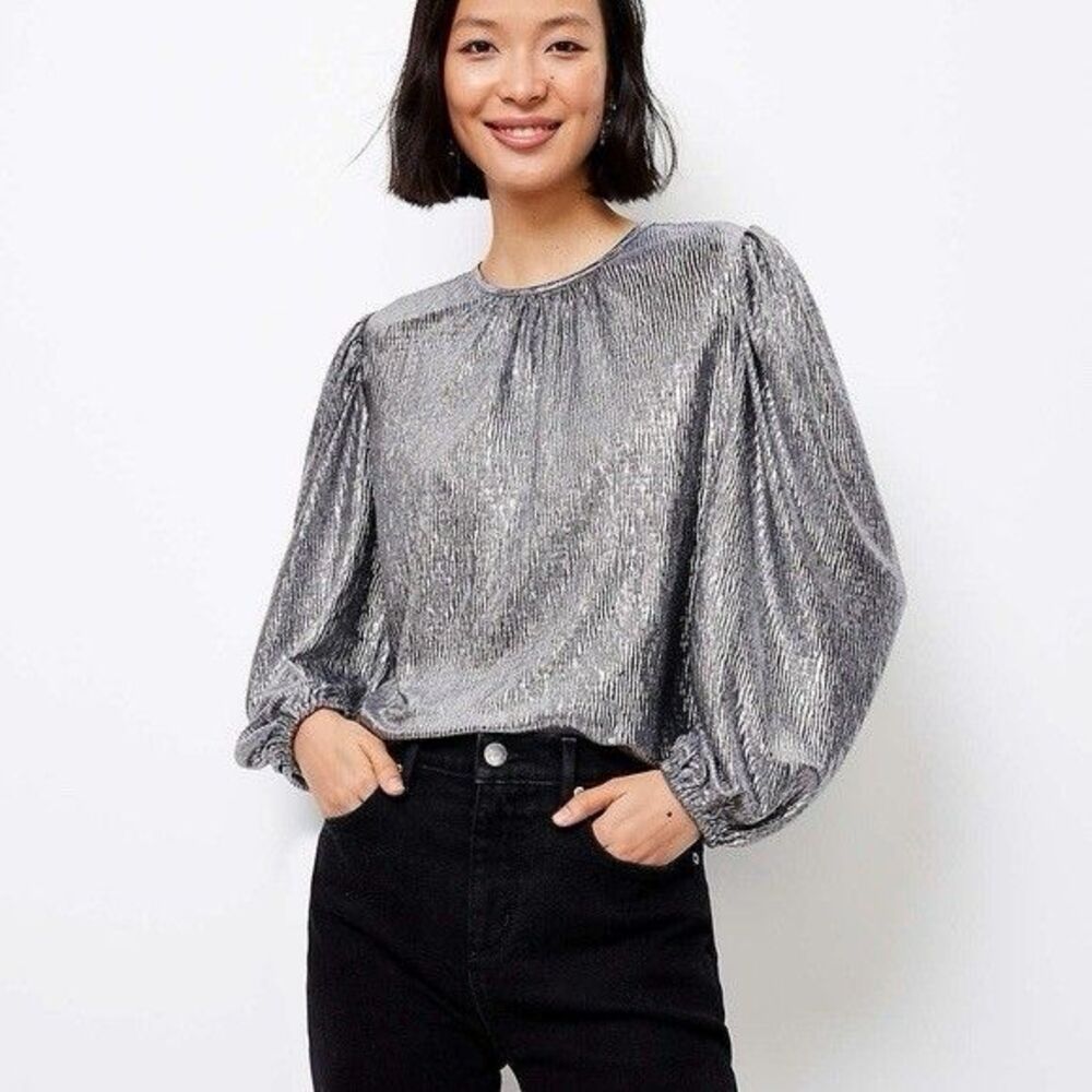 Ann Taylor Loft Silver Shimmery Long Sleeve Top Size Large